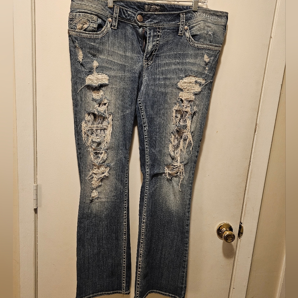 Silver Jeans Distressed Straight Leg Blue Jeans